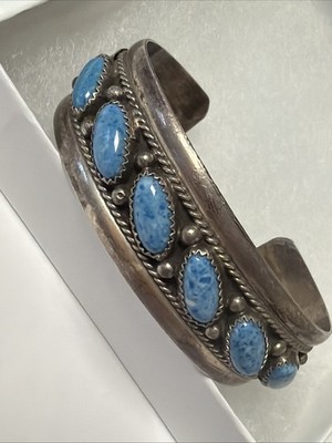J S  Native American Navajo Sterling Silver Denim Lapis Cuff Bracelet 6 x3/4 