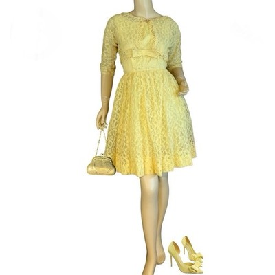 chinese dress ladies Retro Yellow Puff-Sleeve Dress with Lace Edging, Yellow / M