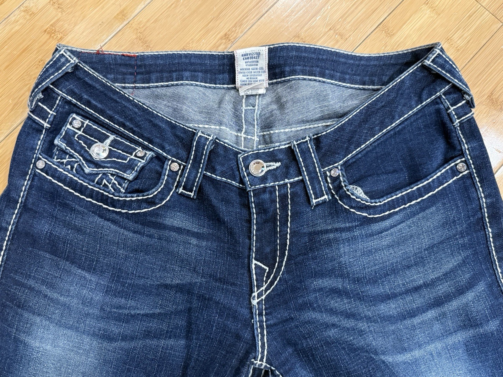 True Religion Jeans Women’s Disco Joey Big T Sz 31 Flare Bottom Blue Denim USA thumbnail 7