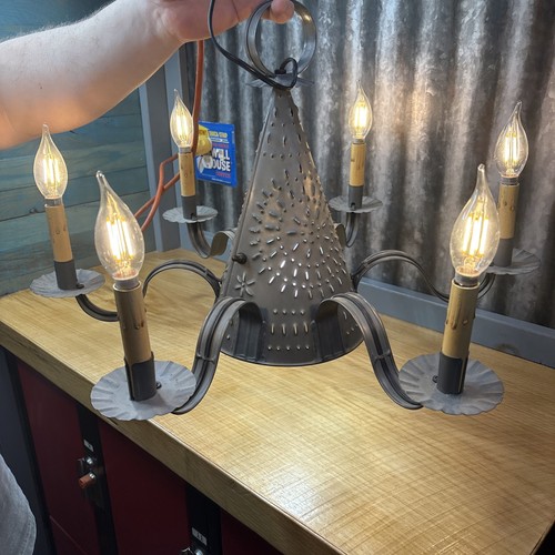 Primitive Tim Metal Punched With Hate Chandelier 6 Arm Farmhouse Colonial Switch