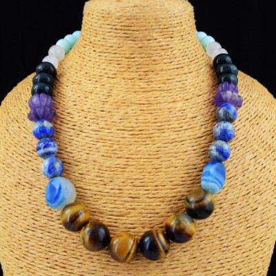 534 kt Erdabbau Tigerauge, Jade & Lapislazuli Perlen Halskette SK 14E432