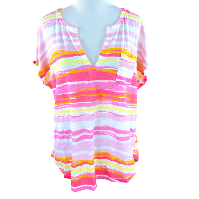 Lilly Pulitzer Duval Multicolored 100% Linen Striped V-Neck Top Size Medium