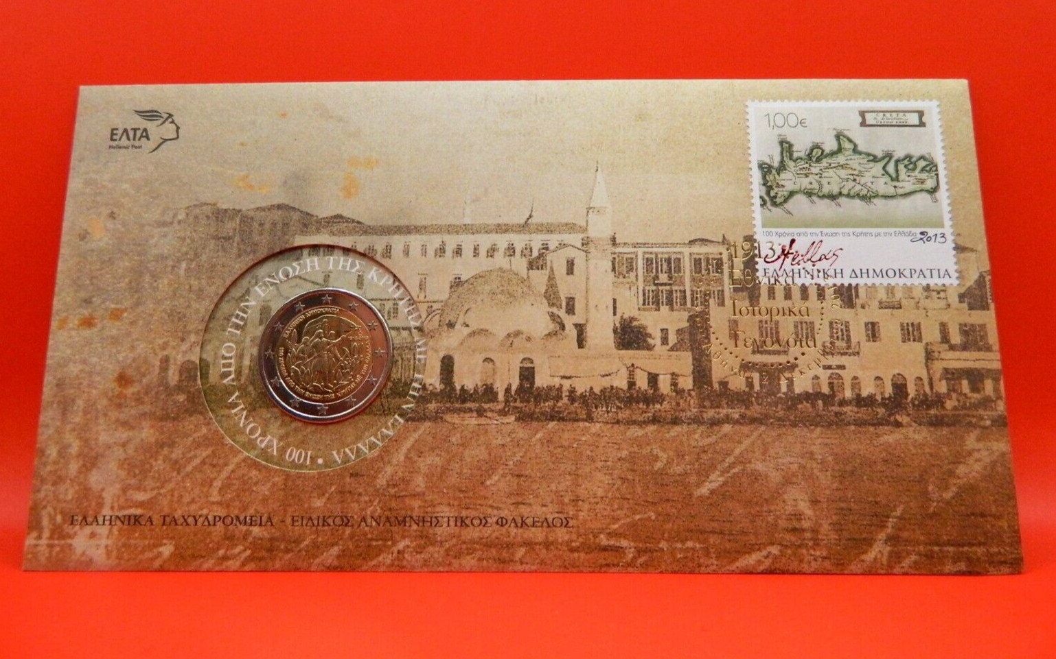 Grèce, 2013, carte postale, BU, pièce de 2 euros, Union de Crète