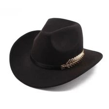 Western Cowboy Cowgirl Hat – Felt Wide Brim Fedora with Gold Leaf Accent Band