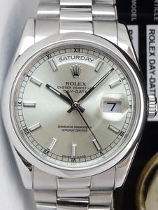 ROLEX-PLATINUM-President-Day-Date-Silver-Index-Fat-Buckle-118206-Sant-Blanc