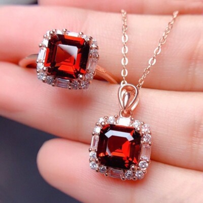 2pc Xmas Jewelry Gifts Red Garnet Gemstone Luxury Women Rose Gold Necklace Ring