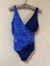Jantzen Tummy Control Faux Wrap Ruched Plunging V Neck One Piece Swimsuit 16 v1