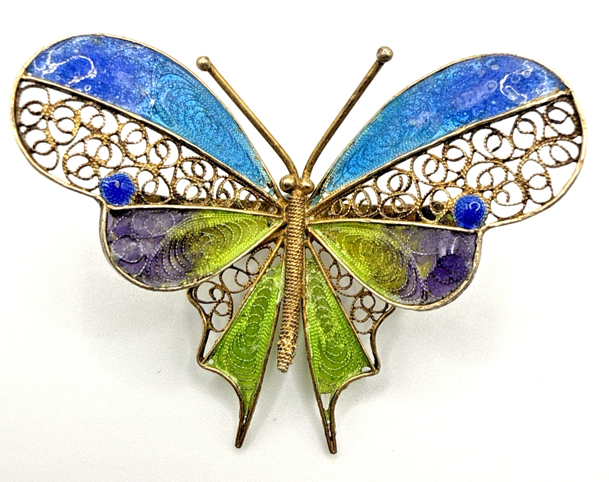 Antique 800 Silver Filigree Enamel Butterfly Brooch Blue Green Purple Pin