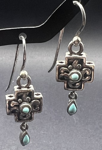 BARSE Sterling Silver Turquoise Cross Teardrop Drop Dangle Earrings - Picture 2 of 6