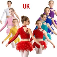 UK Girls Sparkly Rhinestones Crop Tops with Feather Skirts Set Costume Dancewear