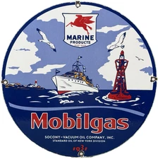 VINTAGE MOBIL MARINE PORCELAIN SIGN DEALERSHIP SERVICE GAS STATION MOBIL OIL