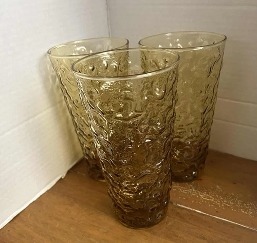 Vtg Anchor Hocking Lido Milano Amber Honey Gold 7” Glass Tumblers Set Of 3 14oz