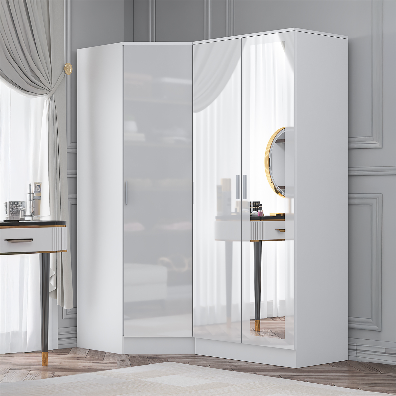 REFLECT 1 Door Corner + 2 Door Mirror Wardrobes Bundle - White Gloss/Matt White