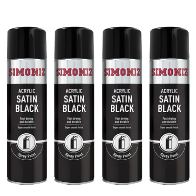 Simoniz Satin Black Spray Paint Acrylic Fast Dry Smooth Finish Durable 500ml X 4