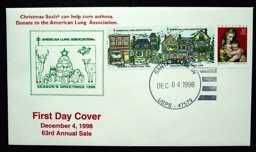 US, 1998 Santa Claus Indiana FDC & Tied On, Scott 3176 Stamp, Cachet & ALA Seals