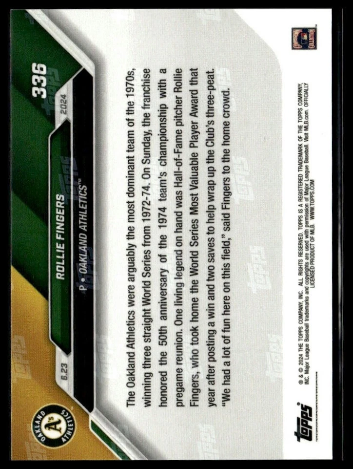 2024 Topps 336 Rollie Fingers Oakland Athletics 74 WS Team Reunion Purple 08/25 - Image 2 of 2