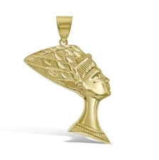 Egyptian Queen Nefertiti Pendant 10k Yellow Gold Mens Charm 2.1 inch