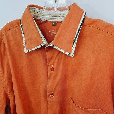 Bohio Button Up Shirt L Orange Linen Contrast Trim Long Sleeve Bright Flip Cuff