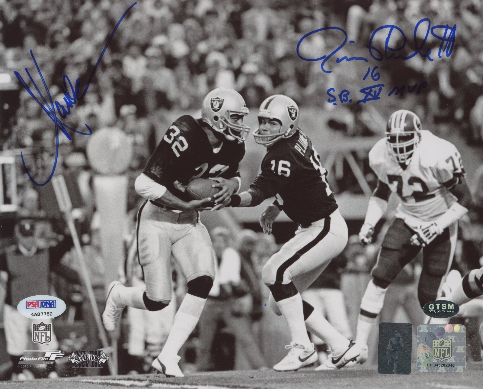 Marcus Allen & Jim Plunkett Autographed Signed Oakland Raiders 8x10 PHOTO w/SB XV MVP - PSA 