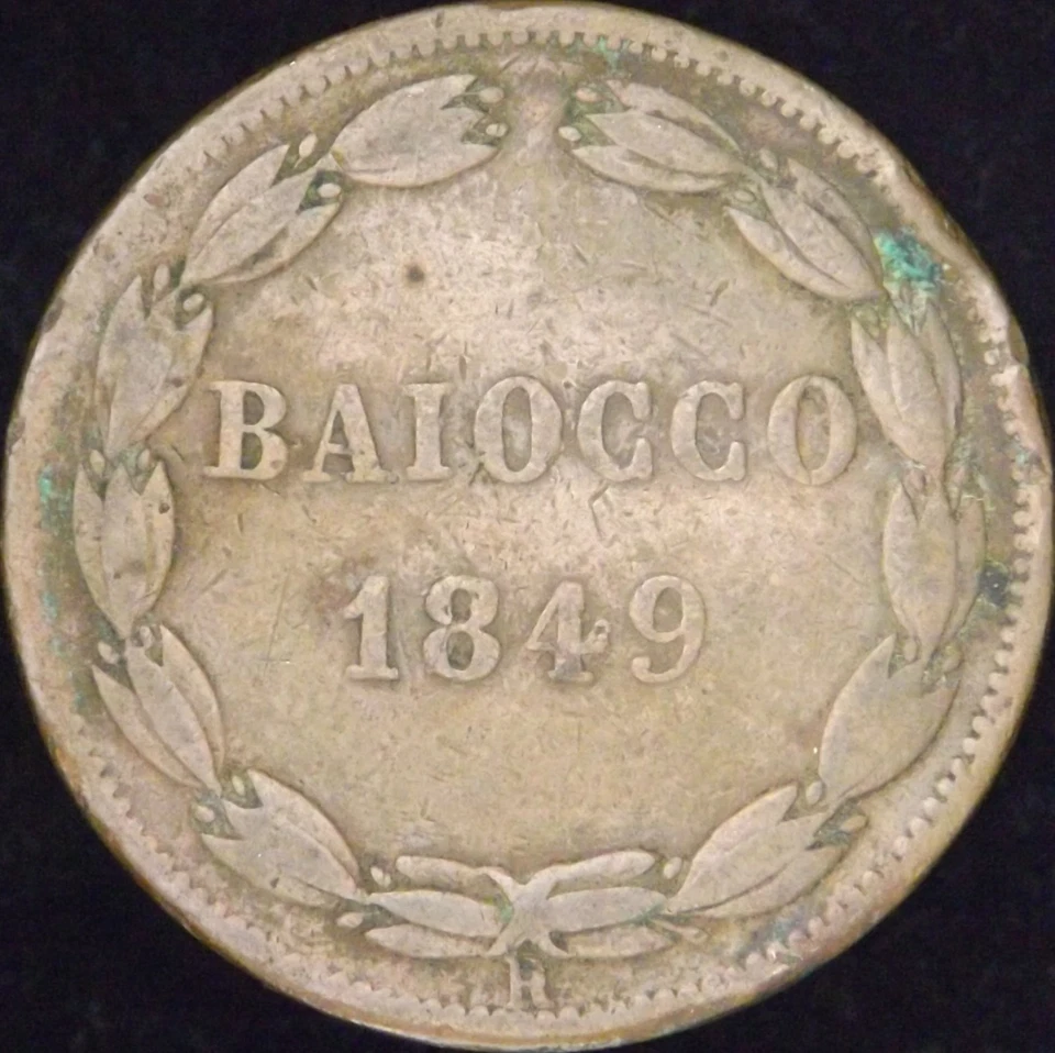1849-IVR Rare VG Details Dinged Italian Papal States Baiocco - KM# 1339.1 - DM C - Image 3 of 3