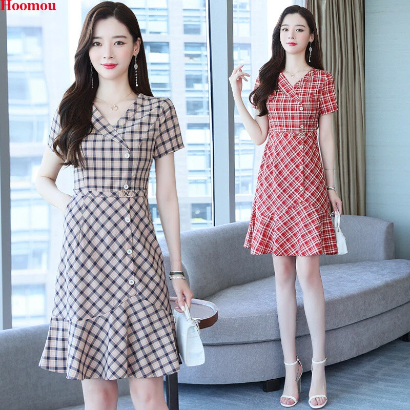 Korean Women Retro Check A line Slim Ruffle Casual Workwear Party Cocktail Dress