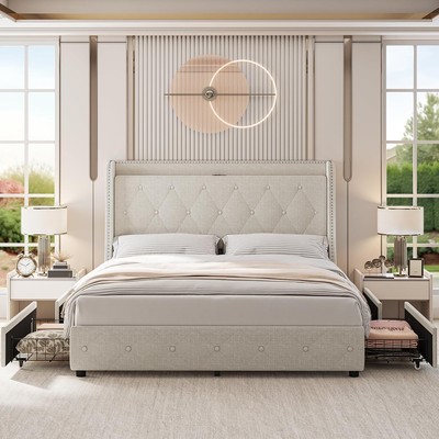 Bed Frame With 4 Storage Drawers, Platform Bed Frame With Headboard and Storage