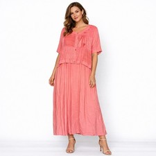 Country Wear Casuals Coral Pink Rayon Embroidered Layered Smocked Midi Dress
