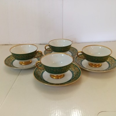 RARE VTG E&R Furstenberg Germany 4 Tea Cups and Saucers Monarch Green Gold Trim
