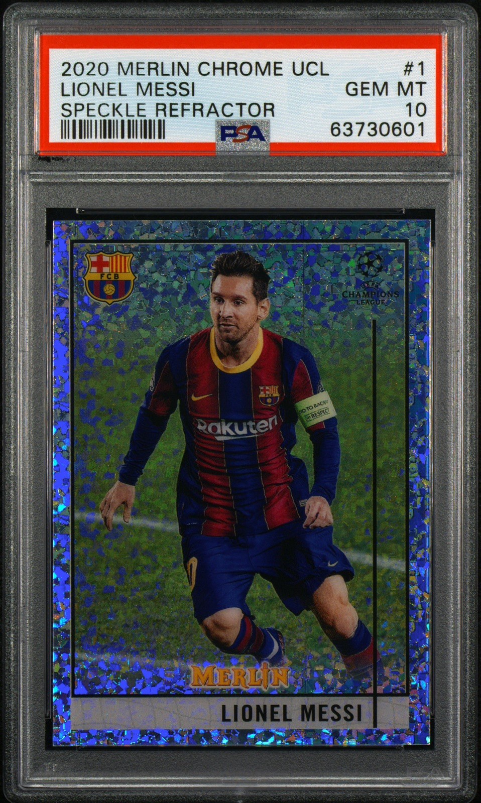 2020-21 Topps Merlin Chrome UCL Lionel Messi #1 Speckle 1/150 PSA 10