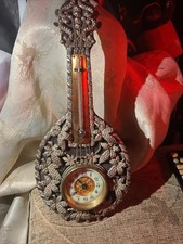 Antique 19th C Silver Mandolin Clock With Thermometer, British United Co,working