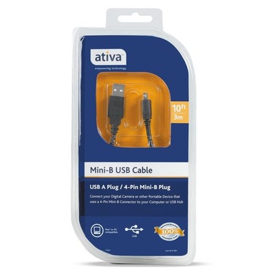 Ativa 10 Foot Mini-B USB Cable 212-664 4 Pin Mini-B Connector to USB