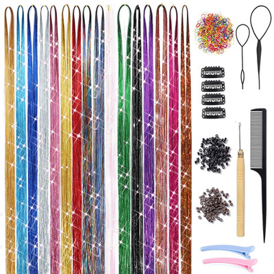 Hair Tinsel Kit with Tools 16 Colors 3200 Strands Glitter Tinsel Hair Extensions
