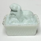 Antique Boston Sandwich Milk Glass PEKINGESE DOG Covered Animal Dish & Lid