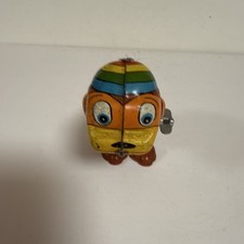 Vintage Wind-up Tin Monkey Toy Striped Outfit Rainbow Cap