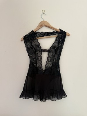 Vintage Frederick's of Hollywood schwarz Spitze transparent Netz Teddy Body M Y2K