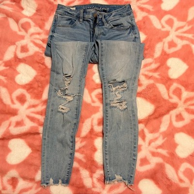 American Eagle Womens Hi-Rise Jeggings Ripped Light Wash Jeans Size 2 Distressed