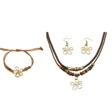 Multi-Layer Flower Cross Wooden Leather Beaded Choker Necklace Drop Dangle set
