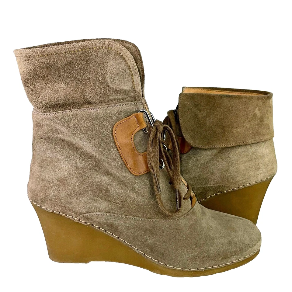 Bettye Muller Suede Wedge Lace Up Boots Taupe Beige Ankle Booties Women's 39 8.5 - Image 2 of 4