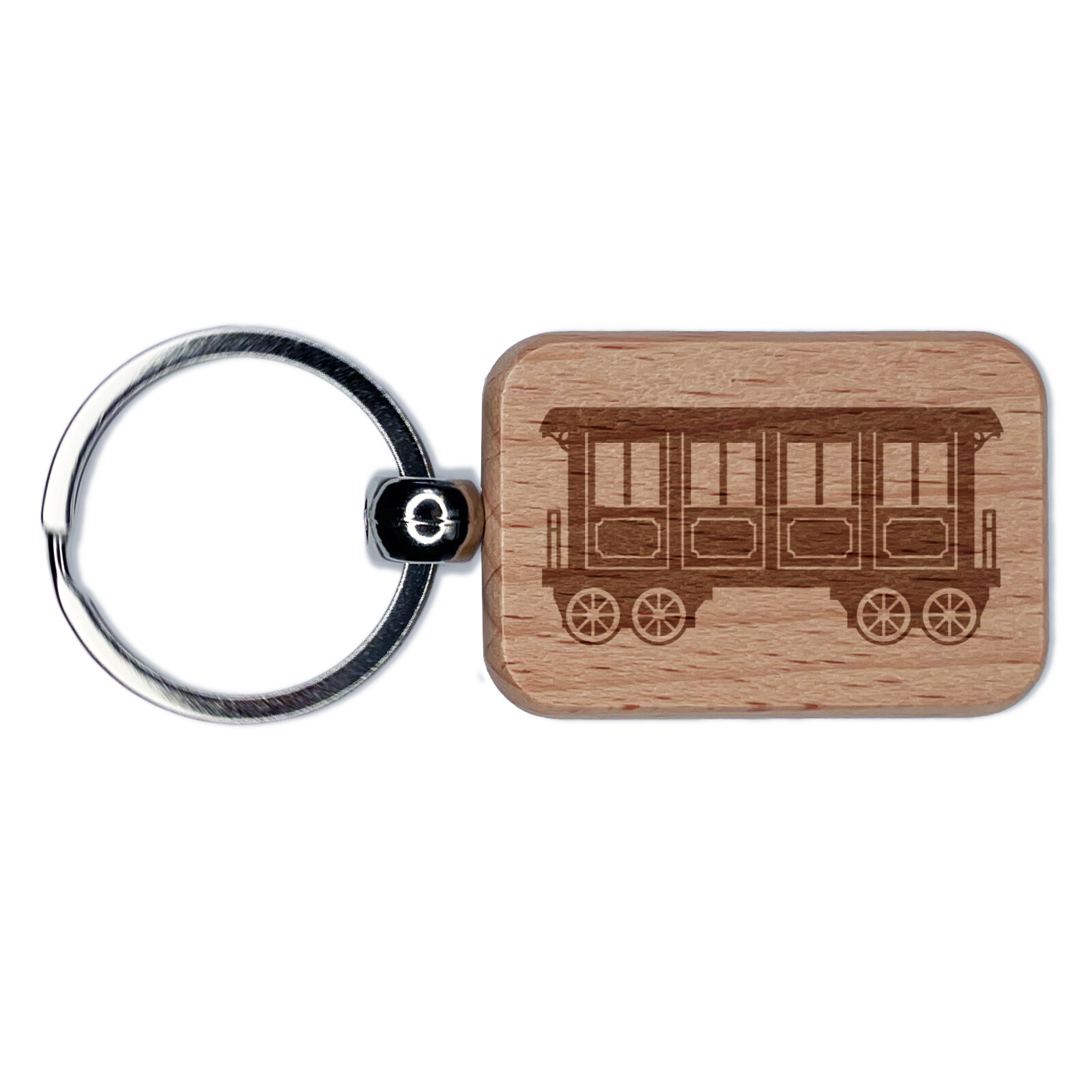 Classic Vintage Locomotive Train Passenger Car Engraved Wood Rectangle Keychain