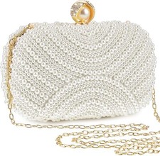 Pearl Clutch Purse Women Evening Bag Beaded Handbag Strap Type Popup Closed