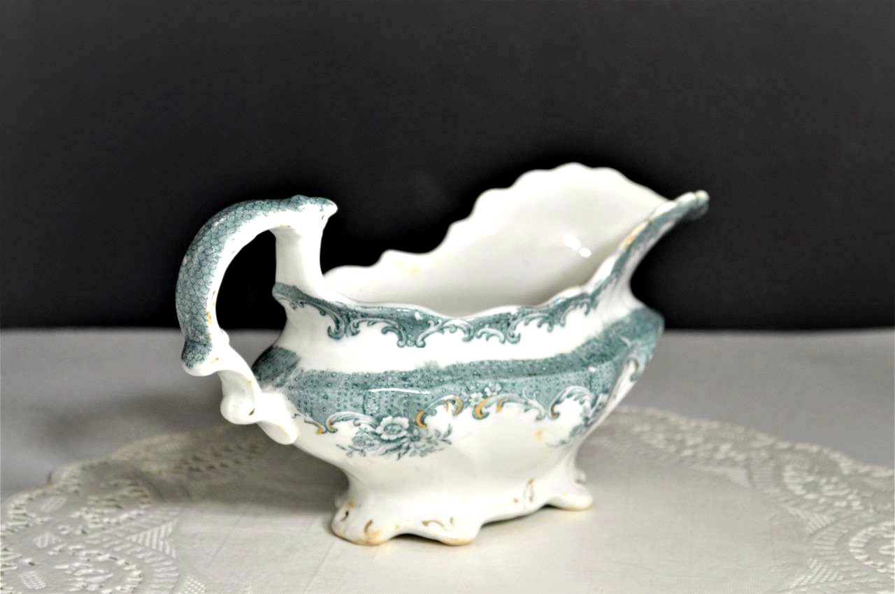 Antique W H Grindley Argos Green and White Gravy Boat NO Underplate