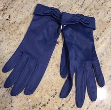 New Vintage Size 6.5 S/M Blue Nylon Formal 8.5" Gloves Wrist Bow Regency Pinup