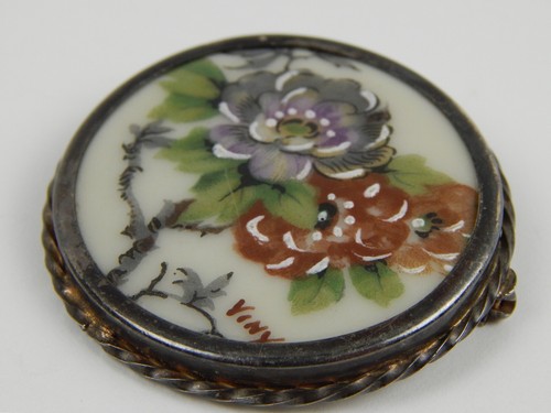 Antique Limoges France Viny Brooch Pin Hand Painted Pastel Flowers Silver? - Picture 5 of 20