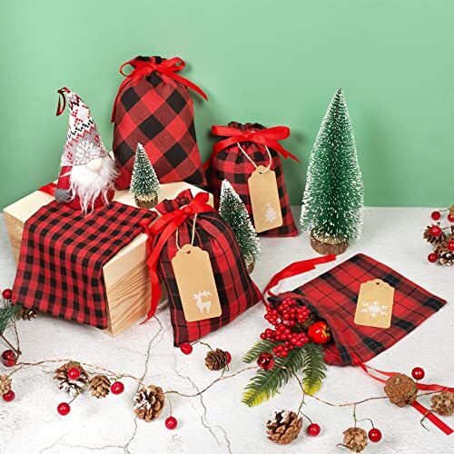 Small Christmas Gift Bags, 24 Pack Buffalo Plaid Christmas Drawstring Gifts - Picture 6 of 6