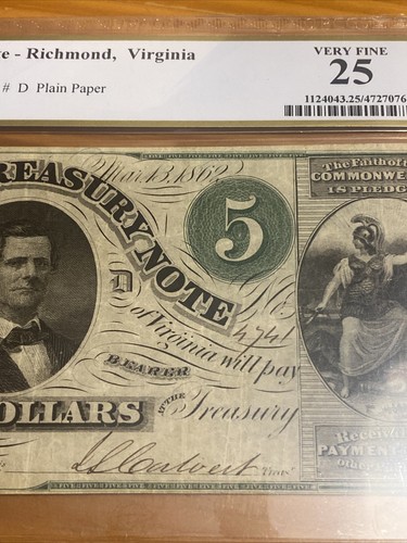 PCGS BANKNOTE VF25 $5 1862 TREASURY NOTE RICHMOND, VIRGINIA - Picture 6 of 19