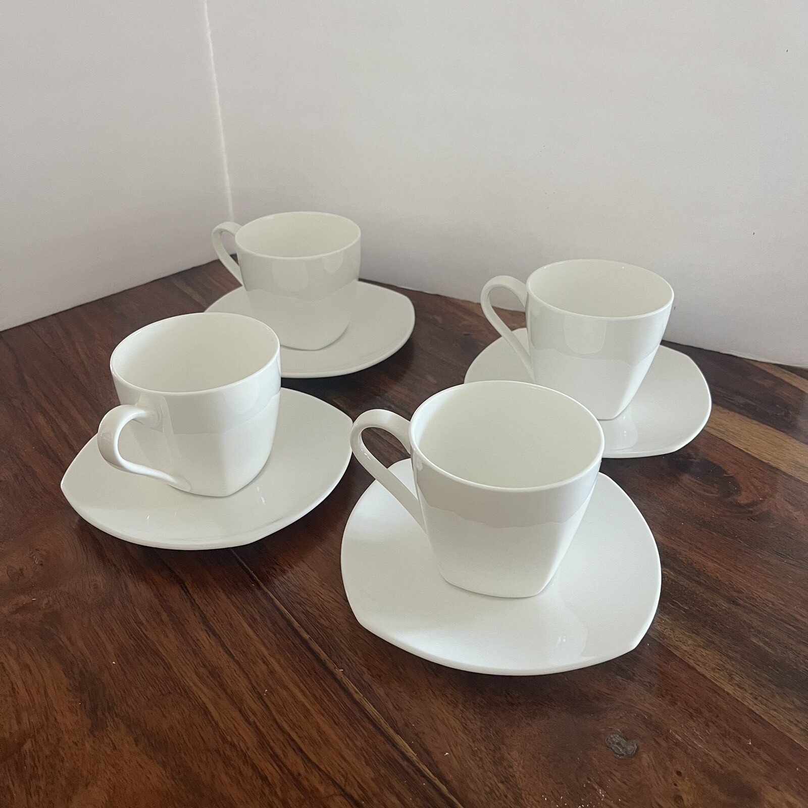4 Fitz and Floyd Soft Square Cup And Saucer Nevaeh White Bone China
