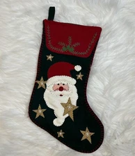 Vtg Christmas Santa Stocking 18” Appliqué Primitive Stars Holiday Cottagecore