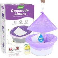 Commode Liners with Absorbent Pads 60 Portable Toilet Bags Lemon Scented and ...