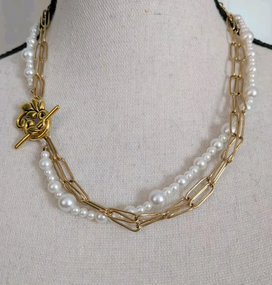 Collar Vintage 3 Hilos Perla Imitación Tono Dorado Clip de Papel Flor Palanca 19" Foto 3 de 4