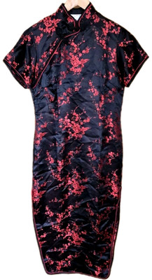 Vintage Chinesisches Cheongsam Kleid Schwarz Rot Satin Blumen UK L Midi